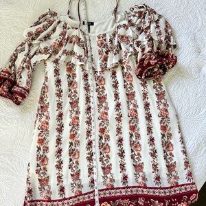 Beautiful NY& C off shoulder dress with ruffled collar and spaghetti straps.